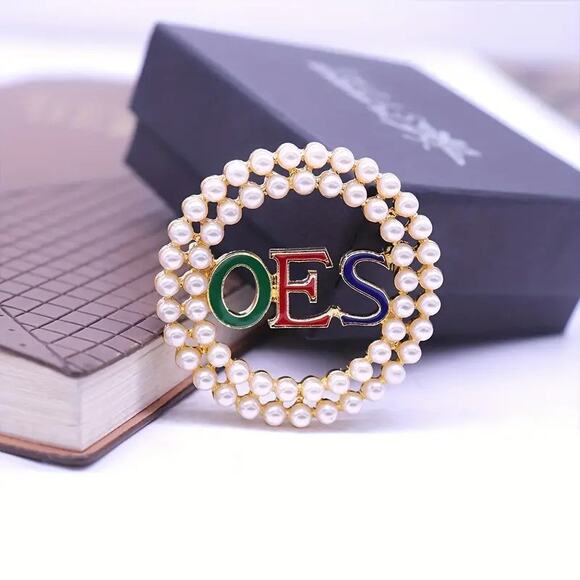 OES Eastern Star Brooch Pin with White Pearls and Multicolored Rhinestones - Picture 4 of 5
